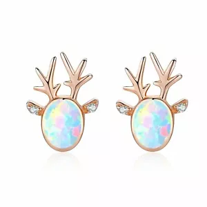 Mini Sterling Silver Reindeer Opal Stud Earrings Christmas Jewellery Rose Gold - Picture 1 of 5