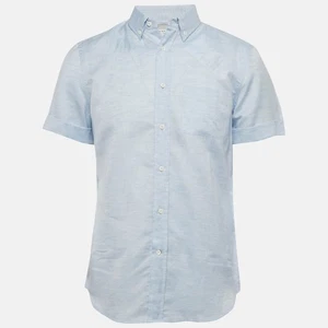 Brunello Cucinelli Light Blue Patterned Linen Blend Half Sleeve Shirt L - Picture 1 of 5