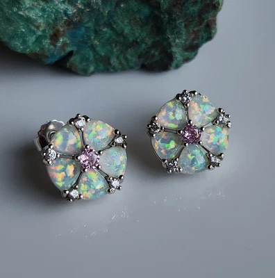 925 Sterling Silver 4mm Natural Opal Pink Sapphire 1/2'' Earrings Gemstone - Image 1 of 3