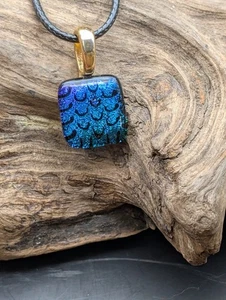 Blue Mermaid Scales Multicolor Glass Dichroic necklace  Gold Plated bail #260 - Picture 1 of 5