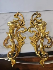 Syroco Wall Hanging Hollywood Regency Candle Holder Sconce Gold 16” Set Of 2 MCM - Picture 1 of 15