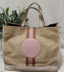 Coach Dempsey Tote Signature Jacquard With Stripe Beige, Pink, And Creme