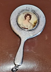ANTIQUE SOLID SILVER CHANTELAINE MIRROR 1904 WITH MINIATURE GIRL PAINTING CENTRE - Picture 1 of 9
