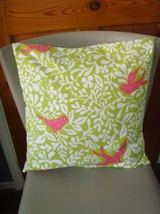 IN LIME GREEN PINK EMBROIDERED BIRD ART DECO COTTON CUSHION COVER 16in PAD - Picture 1 of 2