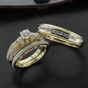14K Yellow Gold Fn His Her Diamond Trio Bridal Wedding Band Engagement Ring Set