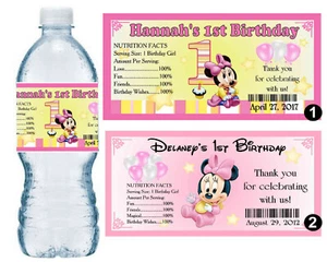 20 MINNIE MOUSE 1ST BIRTHDAY PARTY FAVORECE LAS ETIQUETAS DE BOTELLAS DE AGUA ~ PERSONALIZADAS - Imagen 1 de 1