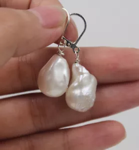 Natural 12x14 White Unusual Keshi Keishi Drip Baroque Pearl leverback Earring - Picture 1 of 2