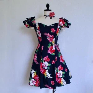 NOS Vtg 80s Roberta Floral Party Dress 2 XS Off Shoulder Bows Flare Full Skirt - Picture 1 of 18