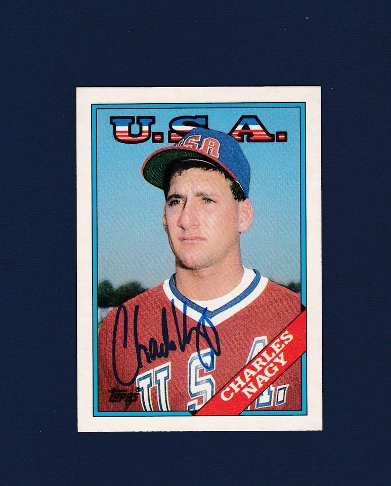 Tarjeta de béisbol negociada Topps 1988 olímpica firmada por Charles Nagy Foto 1 de 1