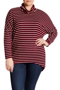 14th & Union Womens 1X Burgundy Cowl Neck Stripe Long Sleeve Hi-Lo Top NWT - Picture 1 of 3