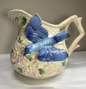 Retired Vtg Fitz And Floyd Bluebird And Dogwood Blossoms Ceramic Pitcher - Picture 1 of 7