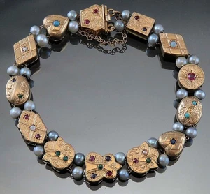Elegant 14k Gold Multi Gemstone Slide Charm Bracelet Diamond Ruby Sapphire Pearl - Picture 1 of 8