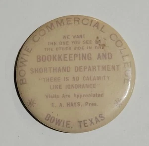 Vintage Texas Advertising 2" Pocket Mirror Bowie TX Commercial College Celluloid - Picture 1 of 5