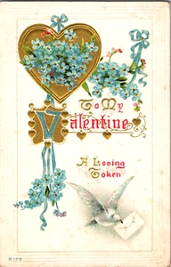 Vintage Post Card Valentines Day A Loving Token Bird Gold Heart - Picture 1 of 2