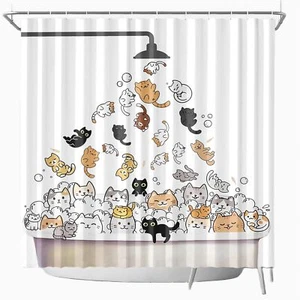 Funny Raining Cats Shower Curtain Cute Cat Playing Water in Bathtub Shower Cu... - Picture 1 of 6