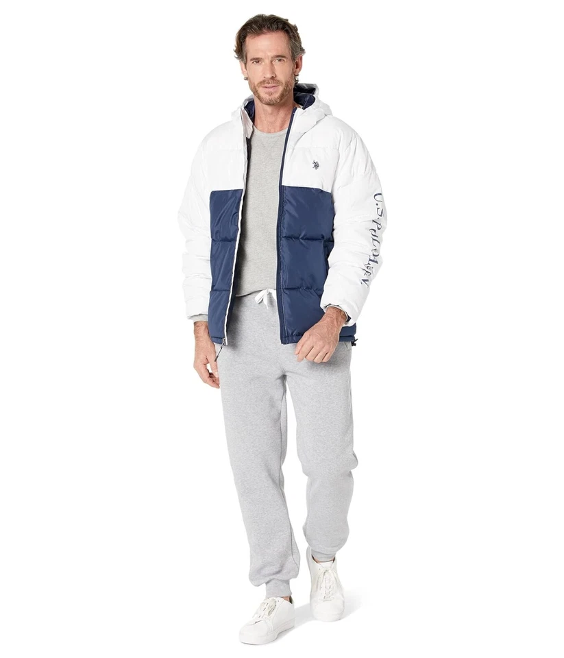 us polo assn puffer jacket large with hood white/navy - Image 1 of 4