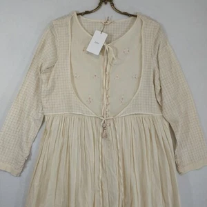 Maxi abito Buna Studio panna cotone ricamo floreale nappe bottoni XL - Foto 1 di 19