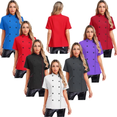 Women Tops Contrast Color Coat Pocket Jacket Soft Short Sleeve Restaurant Chef - Image 1 of 4
