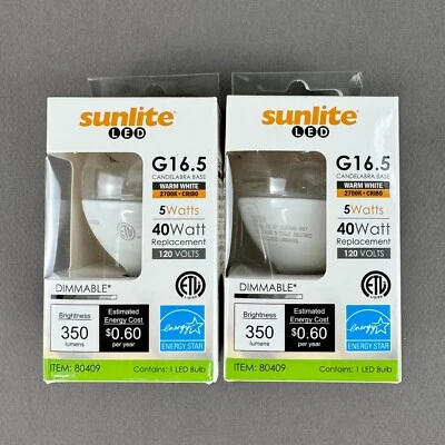 2 Pack Sunlite Dimmable Candelabra Lamps Clear Warm White LED 40 Watt G16.5 120V - Image 1 of 4