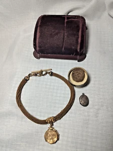 Victorian Mourning Fob/Necklace With Locket Hair Gold Filled - Picture 1 of 11