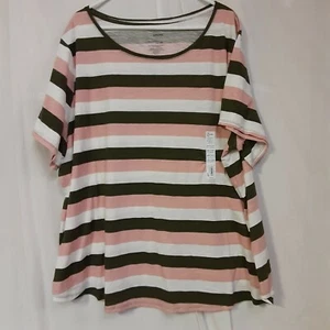 Sonoma Womens  Everday Tee Short Sleeve Crewneck Pink/Olive Stripe - Picture 1 of 3