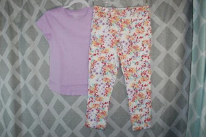 Girls Outfit PURPLE S/S T-SHIRT Jeggings Pants FLOWERS White Yellow Coral S 6-6X - Picture 1 of 5