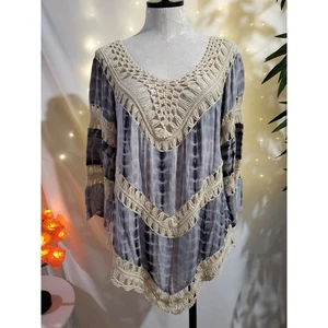 Etc Crochet Tie Dye Boho Flowy Long Sleeve Gauze Blouse Top Womens One Size Gray - Picture 1 of 10