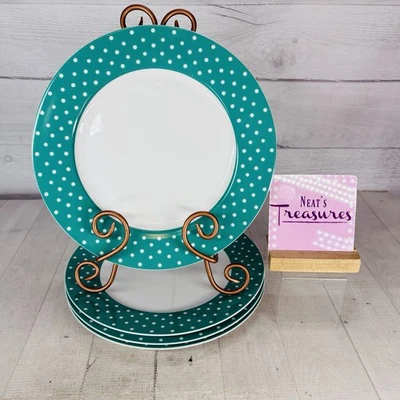 Isaac Mizahi DOT LUXE Green Teal White Polka Dots Porcelain Dinner Plates Set 4 - Image 1 of 4