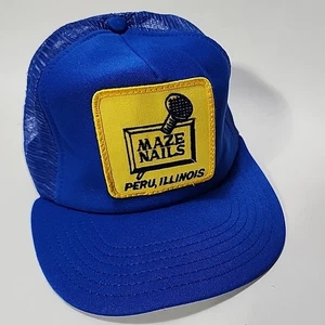 Vintage Maze Nails Hat Snapback Trucker Cap Mens Blue Yellow 80s Peru Illinois - Picture 1 of 4