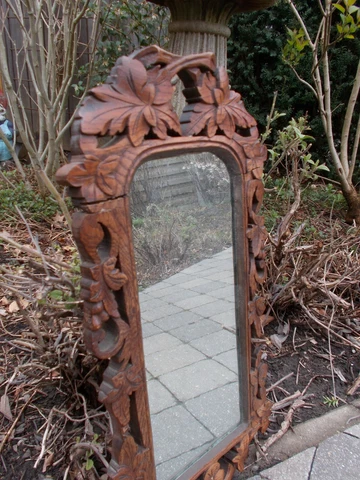 French Victorian Black Forest Hand Carved Wood Frame Wall Mirror Cover