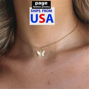 Butterfly Pendant Necklace Metal Clavicle Choker 18" Chain Women Jewelry - Picture 1 of 4