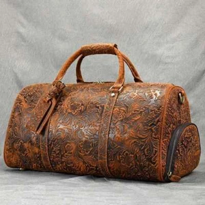Handcrafted Embossed Cowhide Leather Duffle Bag, Large Vacation Travel Bag, Trav - Picture 1 of 11