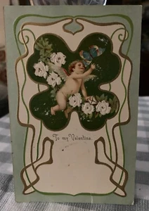 Vintage TO MY VALENTINE CHERUB WHITE ROSES BUTTERFLY GOLD 1907 POSTKARTE - Bild 1 von 5