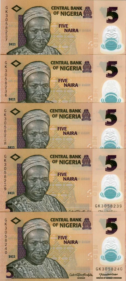 LOT Nigeria, 5 x 5 naira, 2022, P-New, POLYMER, UNC - Image 1 of 1