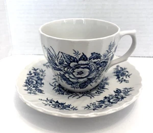 Staffordshire Tea Cup Saucer Floral Roses Blue White Beacon Hill Ironstone #2 - Picture 1 of 21