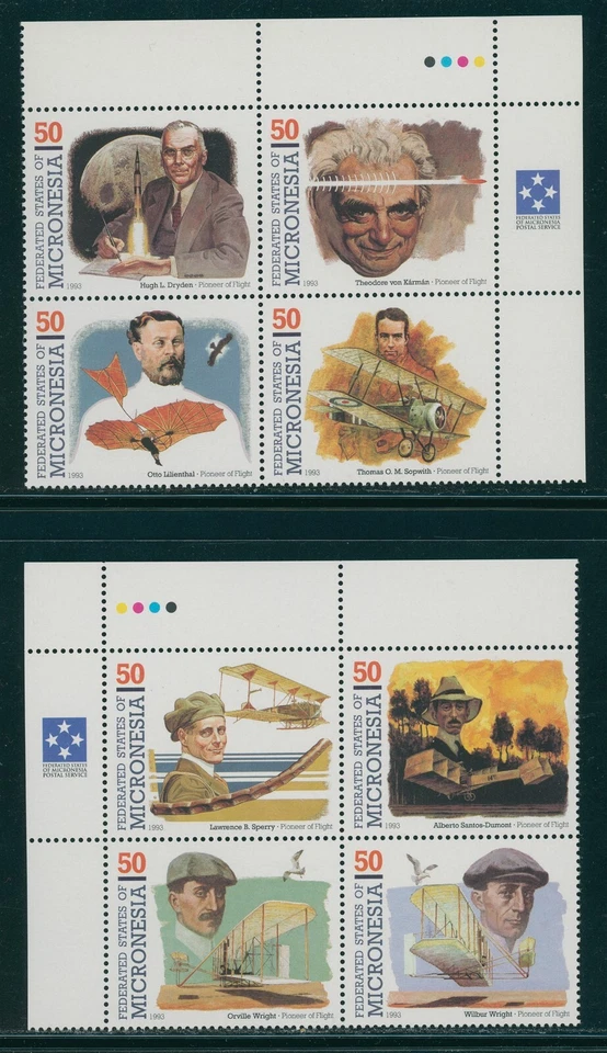 Micronesia Scott #178 MNH BLOCKS of 4 (2) Pioneers of Flight 1993 CV$6+ os1 - Image 1 of 1
