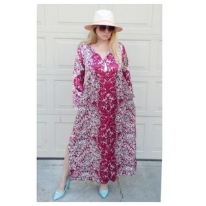 Oscar de la Women Renta Fuchsia Floral Satin Kaftan Maxi Dress Cover Up Size S