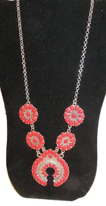 Vtg Squash Blossom Style Necklace Red Beads/Stones Metal Frame - Picture 1 of 5