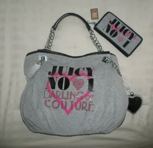 NWT Juicy Couture LOVE PLUMES Velour Dutchess Chain Tote & Wallet Set GRAY - Picture 1 of 12
