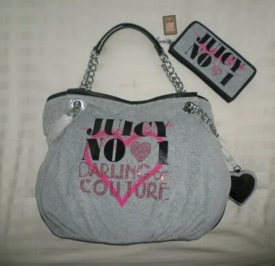 NUEVO CON ETIQUETAS Juicy Couture LOVE PLUMES Terciopelo Cadena Holandesa Conjunto de Bolso y Cartera GRIS Foto 1 de 4