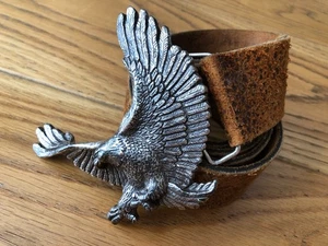 VINTAGE GENUINE BROWN LEATHER MEN'S MEDIUM BELT RIVER ISLAND SILVER EAGLE BUCKLE - Picture 1 of 20
