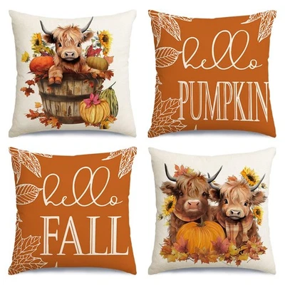 Juego de 4 fundas de almohada de otoño 20x20, decoraciones de otoño Highland Cow para hogar exterior... Foto 1 de 4