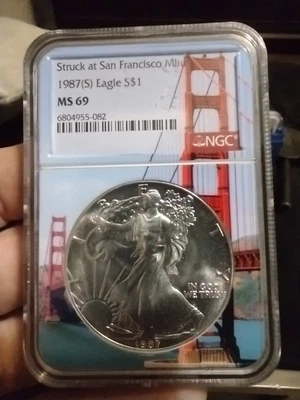 1987 (S) American Silver Eagle NGC MS69 San Francisco Mint Core, Label  - Image 1 of 4