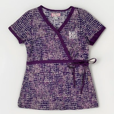 Dr. Oz Show Womens Scrub Top XS Purple V Neck Wrap Style Koi by Kathy Peterson - Image 1 of 4