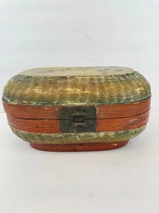 Antique Hinged Oval  Chinese Wicker Wedding Basket - Picture 1 of 10
