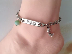 DREAMING OF THE SEA WORD CONNECTOR MERMAID CHARM GEMSTONE BEAD BEACH ANKLET - Picture 1 of 3