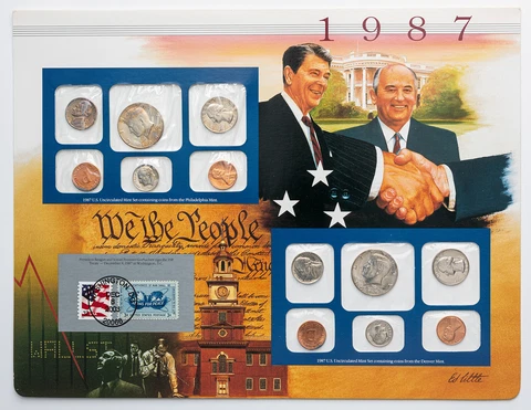 1987-P&D U.S MINT SET REAGAN AND SOVIET SIGN TREATY BU UNIQUE TONED LINCOLN CENT Cover