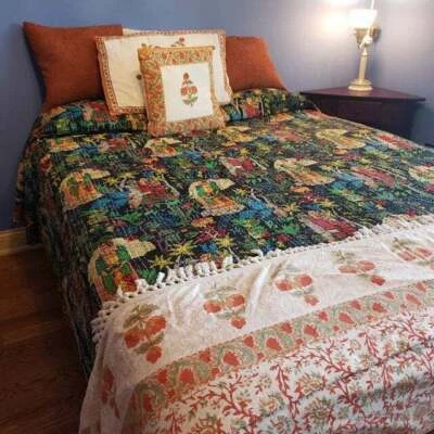 Indian Farida Kahlo Handmade Cotton Kantha Quilt Throw Blanket Bedspread - Image 1 of 4