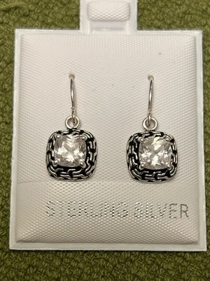 PENDIENTES COLGANTES DE PLATA ESTERLINA 925 CON DISEÑO TEJIDO PIEDRA CIRCONITA CUADRADA GRANDE Foto 1 de 4