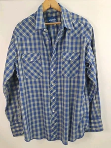 Camisas occidentales Wrangler para hombre camisa de manga larga a cuadros a presión perla talla grande azul - Imagen 1 de 9